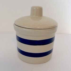 Robinson Ransbottom Vintage Stoneware Pint Cream Blue Stripes Crock & Rare Lid